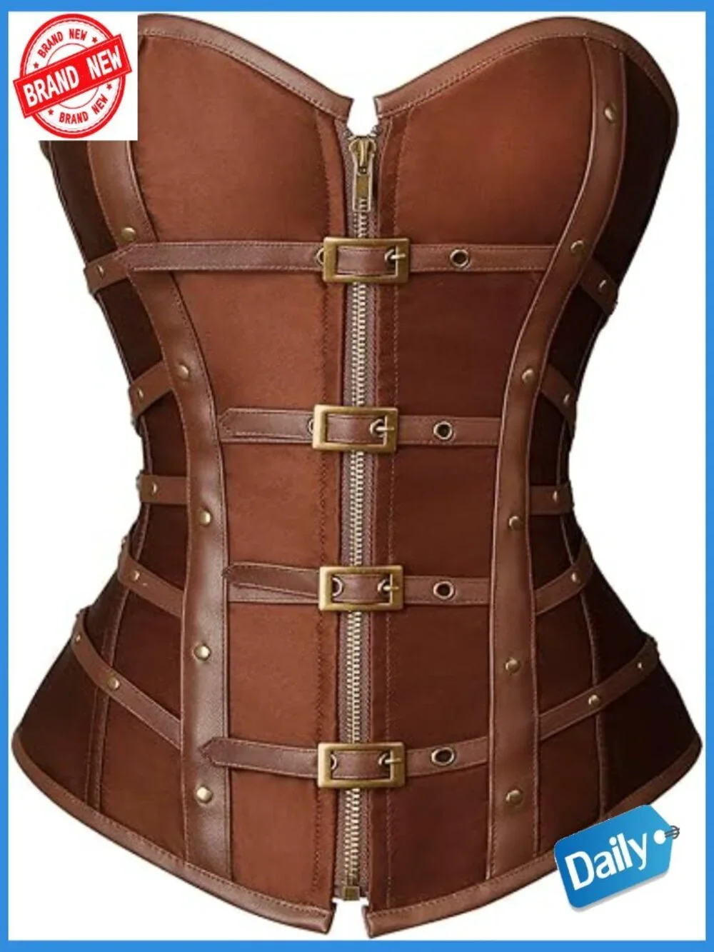 Women's Satin Boned Corset Top with Zipper & Buckles - Punk Gothic Style